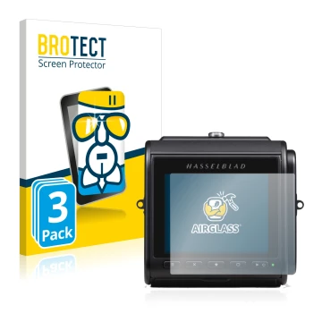 Parte frontal de un envase de producto con el logotipo de la marca BROTECT. Al lado se muestra el dispositivo Hasselblad 907X 