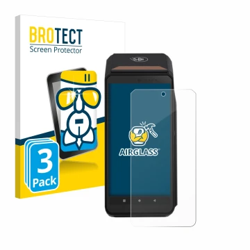 Parte frontal de un envase de producto con el logotipo de la marca BROTECT. Al lado se muestra el dispositivo ingenico Axium D