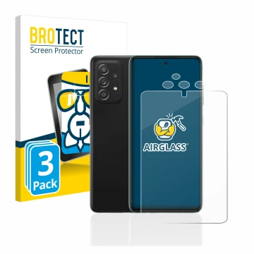 Parte frontal de un envase de producto con el logotipo de la marca BROTECT. Al lado se muestra el dispositivo Samsung Galaxy A