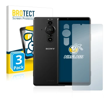 Parte frontal de un envase de producto con el logotipo de la marca BROTECT. Al lado se muestra el dispositivo Sony Xperia Pro-