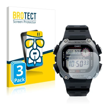 Parte frontal de un envase de producto con el logotipo de la marca BROTECT. Al lado se muestra el dispositivo Casio DW-291H co