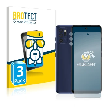 Parte frontal de un envase de producto con el logotipo de la marca BROTECT. Al lado se muestra el dispositivo Motorola Moto G6