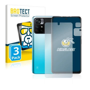 Parte frontal de un envase de producto con el logotipo de la marca BROTECT. Al lado se muestra el dispositivo Xiaomi Poco M4 P