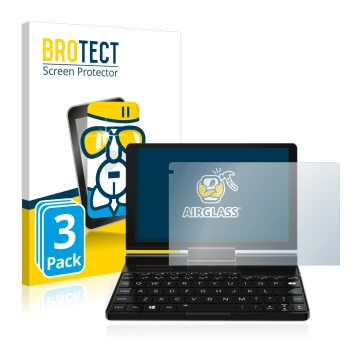 Parte frontal de un envase de producto con el logotipo de la marca BROTECT. Al lado se muestra el dispositivo GPD Pocket 3 con