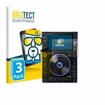 Parte frontal de un envase de producto con el logotipo de la marca BROTECT. Al lado se muestra el dispositivo Denon DJ SC6000 