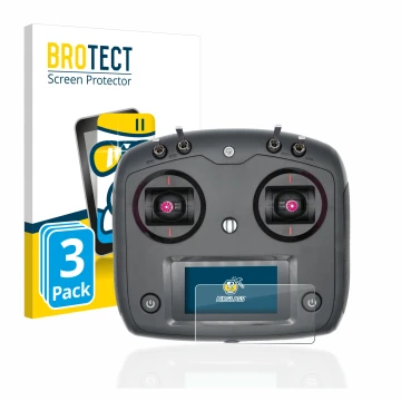 Parte frontal de un envase de producto con el logotipo de la marca BROTECT. Al lado se muestra el dispositivo FlySky FS-i6S co