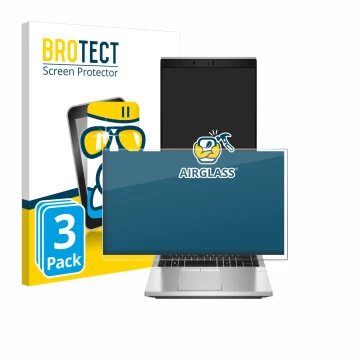 Parte frontal de un envase de producto con el logotipo de la marca BROTECT. Al lado se muestra el dispositivo HP EliteBook 840