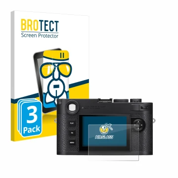 Parte frontal de un envase de producto con el logotipo de la marca BROTECT. Al lado se muestra el dispositivo Leica M11 con su