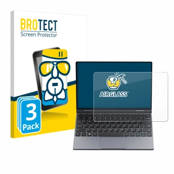 Parte frontal de un envase de producto con el logotipo de la marca BROTECT. Al lado se muestra el dispositivo Chuwi MiniBook X