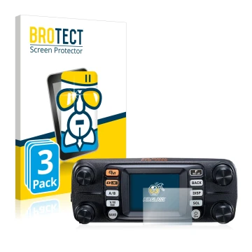 Parte frontal de un envase de producto con el logotipo de la marca BROTECT. Al lado se muestra el dispositivo Yaesu FTM-300DE 