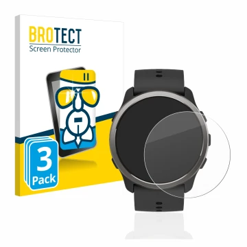 Parte frontal de un envase de producto con el logotipo de la marca BROTECT. Al lado se muestra el dispositivo Suunto 5 Peak co