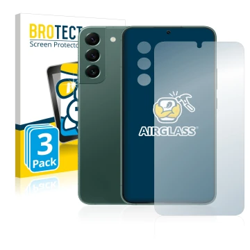 Parte frontal de un envase de producto con el logotipo de la marca BROTECT. Al lado se muestra el dispositivo Samsung Galaxy S