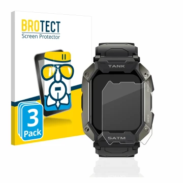 Parte frontal de un envase de producto con el logotipo de la marca BROTECT. Al lado se muestra el dispositivo Kospet Tank M1 c