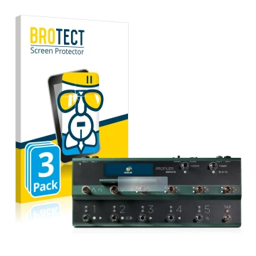 Parte frontal de un envase de producto con el logotipo de la marca BROTECT. Al lado se muestra el dispositivo Kemper Profiler 