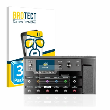 Parte frontal de un envase de producto con el logotipo de la marca BROTECT. Al lado se muestra el dispositivo Line 6 Helix Flo