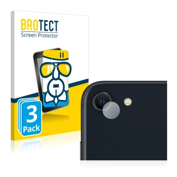 Parte frontal de un envase de producto con el logotipo de la marca BROTECT. Al lado se muestra el dispositivo Apple iPhone SE 