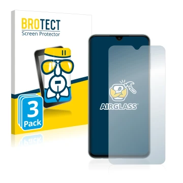 Parte frontal de un envase de producto con el logotipo de la marca BROTECT. Al lado se muestra el dispositivo Samsung Galaxy M