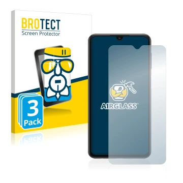 Parte frontal de un envase de producto con el logotipo de la marca BROTECT. Al lado se muestra el dispositivo Samsung Galaxy A