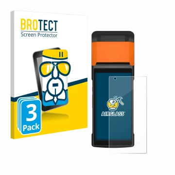 Parte frontal de un envase de producto con el logotipo de la marca BROTECT. Al lado se muestra el dispositivo Sunmi V2s con su