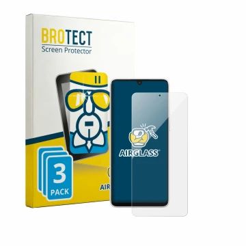 Parte frontal de un envase de producto con el logotipo de la marca BROTECT. Al lado se muestra el dispositivo Samsung Galaxy A