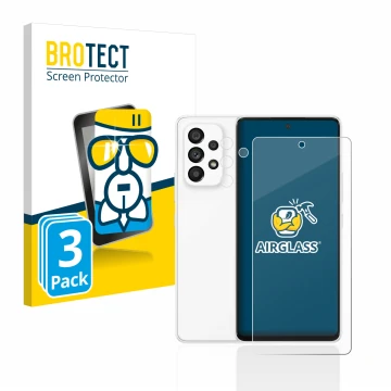 Parte frontal de un envase de producto con el logotipo de la marca BROTECT. Al lado se muestra el dispositivo Samsung Galaxy A