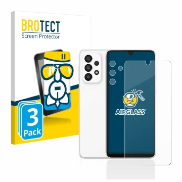 Parte frontal de un envase de producto con el logotipo de la marca BROTECT. Al lado se muestra el dispositivo Samsung Galaxy A