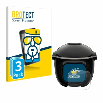 Parte frontal de un envase de producto con el logotipo de la marca BROTECT. Al lado se muestra el dispositivo Krups Cook4me To