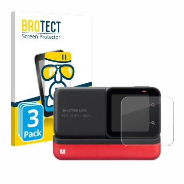 Parte frontal de un envase de producto con el logotipo de la marca BROTECT. Al lado se muestra el dispositivo Insta360 One RS 