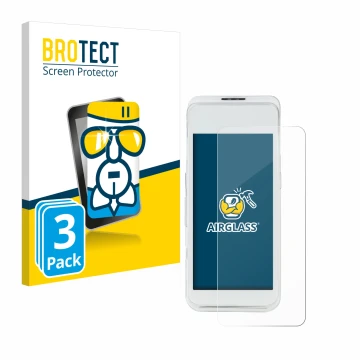 Parte frontal de un envase de producto con el logotipo de la marca BROTECT. Al lado se muestra el dispositivo Pax A920 Pro con