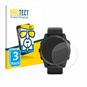Parte frontal de un envase de producto con el logotipo de la marca BROTECT. Al lado se muestra el dispositivo Garmin Tactix 7 