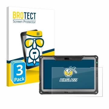 Parte frontal de un envase de producto con el logotipo de la marca BROTECT. Al lado se muestra el dispositivo Getac F110 G6 co