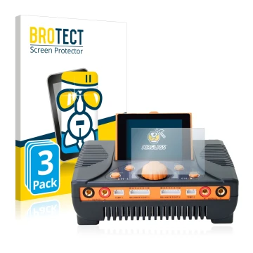 Parte frontal de un envase de producto con el logotipo de la marca BROTECT. Al lado se muestra el dispositivo Junsi iCharger 4