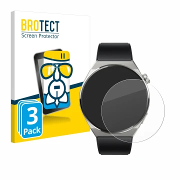 Parte frontal de un envase de producto con el logotipo de la marca BROTECT. Al lado se muestra el dispositivo Huawei Watch GT 