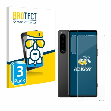 Parte frontal de un envase de producto con el logotipo de la marca BROTECT. Al lado se muestra el dispositivo Sony Xperia 1 IV