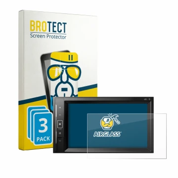 Parte frontal de un envase de producto con el logotipo de la marca BROTECT. Al lado se muestra el dispositivo Pioneer AVH-A240
