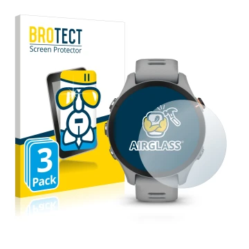 Parte frontal de un envase de producto con el logotipo de la marca BROTECT. Al lado se muestra el dispositivo Garmin Forerunne