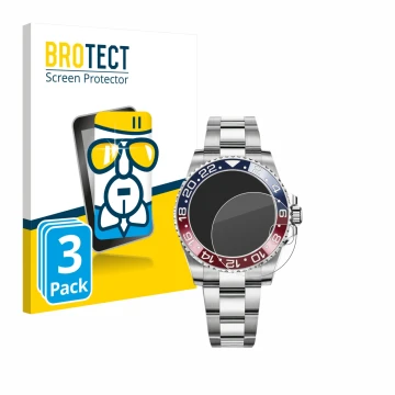 Parte frontal de un envase de producto con el logotipo de la marca BROTECT. Al lado se muestra el dispositivo Rolex GMT-Master