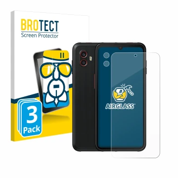 Parte frontal de un envase de producto con el logotipo de la marca BROTECT. Al lado se muestra el dispositivo Samsung Galaxy X