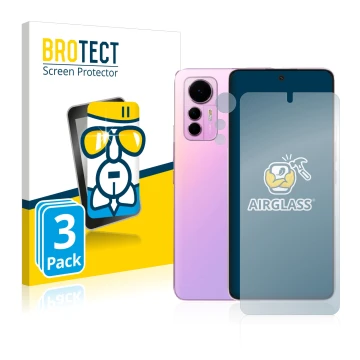 Parte frontal de un envase de producto con el logotipo de la marca BROTECT. Al lado se muestra el dispositivo Xiaomi 12 Lite (