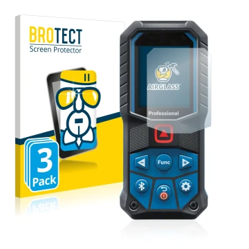 Parte frontal de un envase de producto con el logotipo de la marca BROTECT. Al lado se muestra el dispositivo Bosch GLM 50-27 