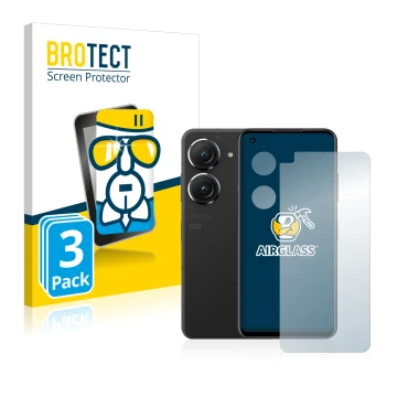 Parte frontal de un envase de producto con el logotipo de la marca BROTECT. Al lado se muestra el dispositivo ASUS ZenFone 9 (