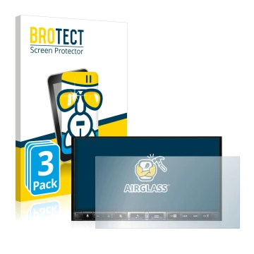 Parte frontal de un envase de producto con el logotipo de la marca BROTECT. Al lado se muestra el dispositivo Alpine iLX-705D 