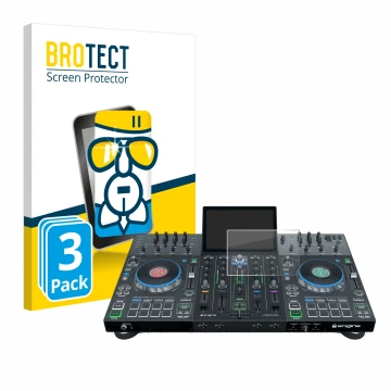 Parte frontal de un envase de producto con el logotipo de la marca BROTECT. Al lado se muestra el dispositivo Denon DJ Prime 4