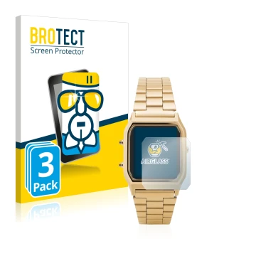 Parte frontal de un envase de producto con el logotipo de la marca BROTECT. Al lado se muestra el dispositivo Casio AQ-230GA c