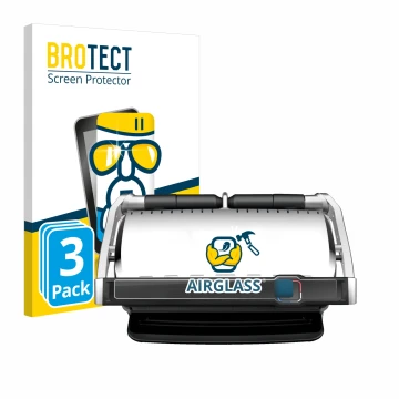 Parte frontal de un envase de producto con el logotipo de la marca BROTECT. Al lado se muestra el dispositivo Tefal OptiGrill 