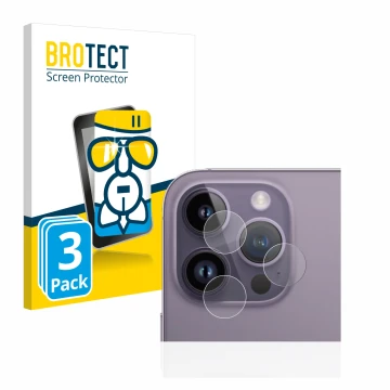 Parte frontal de un envase de producto con el logotipo de la marca BROTECT. Al lado se muestra el dispositivo Apple iPhone 14 