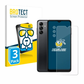 Parte frontal de un envase de producto con el logotipo de la marca BROTECT. Al lado se muestra el dispositivo Samsung Galaxy A