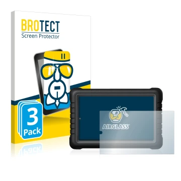 Parte frontal de un envase de producto con el logotipo de la marca BROTECT. Al lado se muestra el dispositivo Launch X-431 PRO
