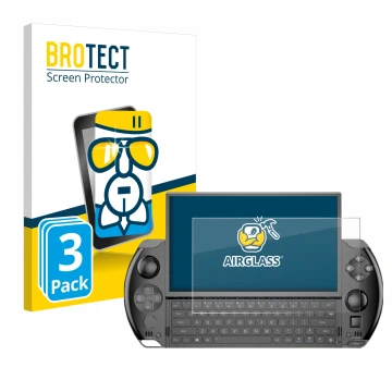 Parte frontal de un envase de producto con el logotipo de la marca BROTECT. Al lado se muestra el dispositivo GPD Win 4 con su