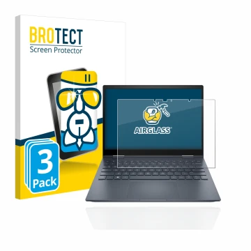Parte frontal de un envase de producto con el logotipo de la marca BROTECT. Al lado se muestra el dispositivo HP Envy x360 13-